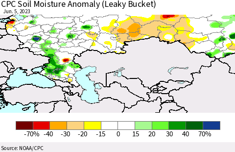 Russian Federation CPC Soil Moisture Anomaly (Leaky Bucket) Thematic Map For 6/1/2023 - 6/5/2023