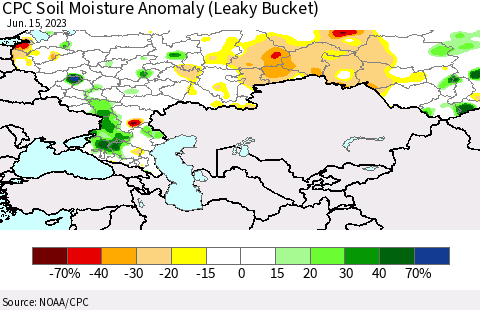 Russian Federation CPC Soil Moisture Anomaly (Leaky Bucket) Thematic Map For 6/11/2023 - 6/15/2023