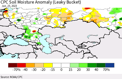 Russian Federation CPC Soil Moisture Anomaly (Leaky Bucket) Thematic Map For 6/21/2023 - 6/25/2023