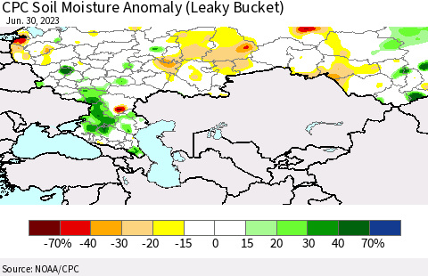 Russian Federation CPC Soil Moisture Anomaly (Leaky Bucket) Thematic Map For 6/26/2023 - 6/30/2023