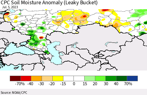 Russian Federation CPC Soil Moisture Anomaly (Leaky Bucket) Thematic Map For 7/1/2023 - 7/5/2023
