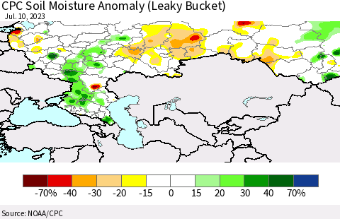 Russian Federation CPC Soil Moisture Anomaly (Leaky Bucket) Thematic Map For 7/6/2023 - 7/10/2023