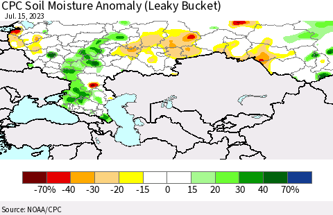 Russian Federation CPC Soil Moisture Anomaly (Leaky Bucket) Thematic Map For 7/11/2023 - 7/15/2023