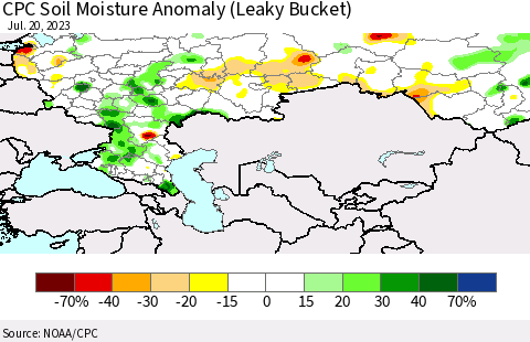 Russian Federation CPC Soil Moisture Anomaly (Leaky Bucket) Thematic Map For 7/16/2023 - 7/20/2023