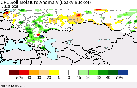 Russian Federation CPC Soil Moisture Anomaly (Leaky Bucket) Thematic Map For 7/21/2023 - 7/25/2023