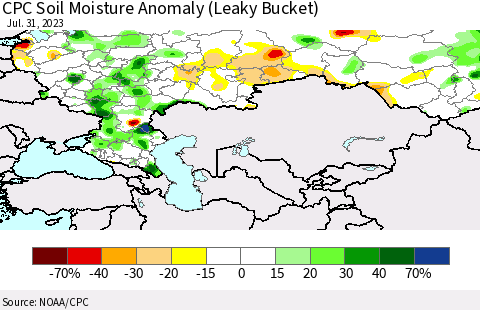 Russian Federation CPC Soil Moisture Anomaly (Leaky Bucket) Thematic Map For 7/26/2023 - 7/31/2023