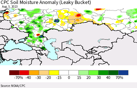 Russian Federation CPC Soil Moisture Anomaly (Leaky Bucket) Thematic Map For 8/1/2023 - 8/5/2023