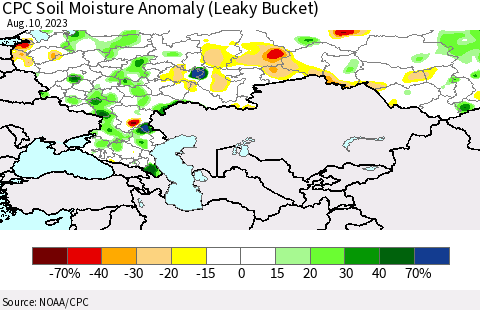 Russian Federation CPC Soil Moisture Anomaly (Leaky Bucket) Thematic Map For 8/6/2023 - 8/10/2023