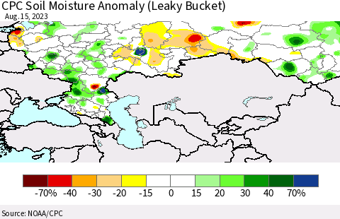 Russian Federation CPC Soil Moisture Anomaly (Leaky Bucket) Thematic Map For 8/11/2023 - 8/15/2023