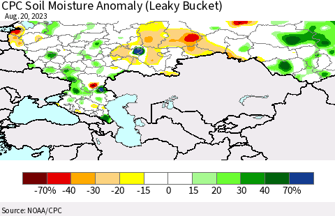 Russian Federation CPC Soil Moisture Anomaly (Leaky Bucket) Thematic Map For 8/16/2023 - 8/20/2023