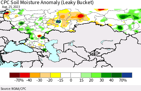 Russian Federation CPC Soil Moisture Anomaly (Leaky Bucket) Thematic Map For 8/21/2023 - 8/25/2023