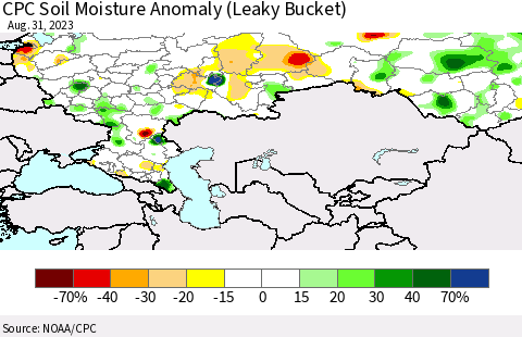 Russian Federation CPC Soil Moisture Anomaly (Leaky Bucket) Thematic Map For 8/26/2023 - 8/31/2023