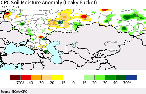 Russian Federation CPC Soil Moisture Anomaly (Leaky Bucket) Thematic Map For 9/1/2023 - 9/5/2023
