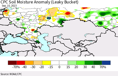 Russian Federation CPC Soil Moisture Anomaly (Leaky Bucket) Thematic Map For 9/6/2023 - 9/10/2023