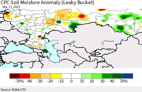 Russian Federation CPC Soil Moisture Anomaly (Leaky Bucket) Thematic Map For 9/11/2023 - 9/15/2023