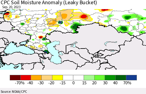 Russian Federation CPC Soil Moisture Anomaly (Leaky Bucket) Thematic Map For 9/16/2023 - 9/20/2023