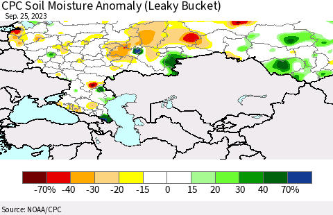Russian Federation CPC Soil Moisture Anomaly (Leaky Bucket) Thematic Map For 9/21/2023 - 9/25/2023