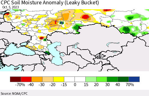 Russian Federation CPC Soil Moisture Anomaly (Leaky Bucket) Thematic Map For 10/1/2023 - 10/5/2023