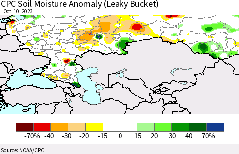 Russian Federation CPC Soil Moisture Anomaly (Leaky Bucket) Thematic Map For 10/6/2023 - 10/10/2023
