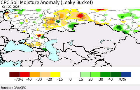 Russian Federation CPC Soil Moisture Anomaly (Leaky Bucket) Thematic Map For 10/16/2023 - 10/20/2023
