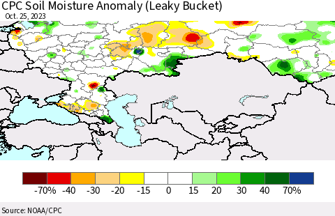 Russian Federation CPC Soil Moisture Anomaly (Leaky Bucket) Thematic Map For 10/21/2023 - 10/25/2023