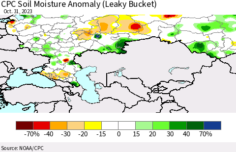 Russian Federation CPC Soil Moisture Anomaly (Leaky Bucket) Thematic Map For 10/26/2023 - 10/31/2023