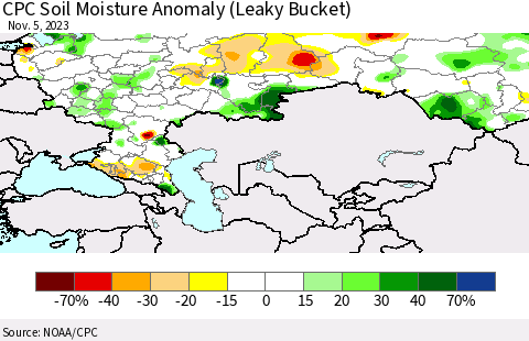 Russian Federation CPC Soil Moisture Anomaly (Leaky Bucket) Thematic Map For 11/1/2023 - 11/5/2023