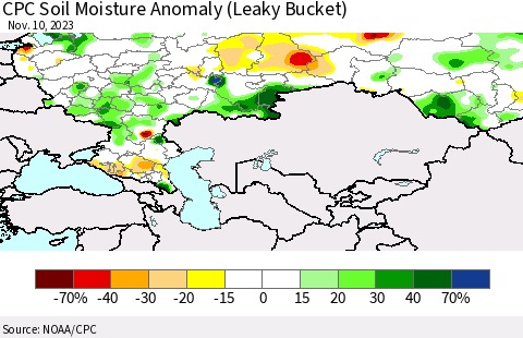 Russian Federation CPC Soil Moisture Anomaly (Leaky Bucket) Thematic Map For 11/6/2023 - 11/10/2023