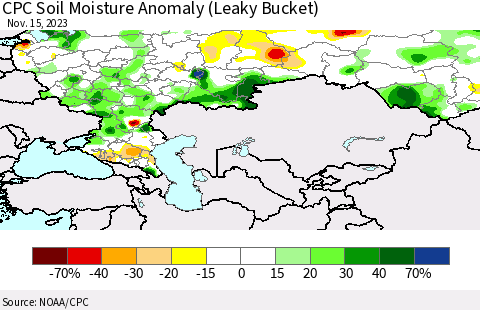 Russian Federation CPC Soil Moisture Anomaly (Leaky Bucket) Thematic Map For 11/11/2023 - 11/15/2023