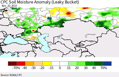 Russian Federation CPC Soil Moisture Anomaly (Leaky Bucket) Thematic Map For 11/16/2023 - 11/20/2023