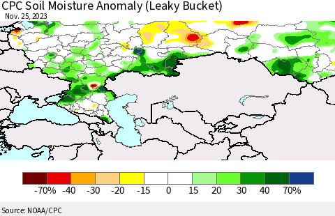 Russian Federation CPC Soil Moisture Anomaly (Leaky Bucket) Thematic Map For 11/21/2023 - 11/25/2023