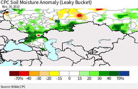 Russian Federation CPC Soil Moisture Anomaly (Leaky Bucket) Thematic Map For 11/26/2023 - 11/30/2023