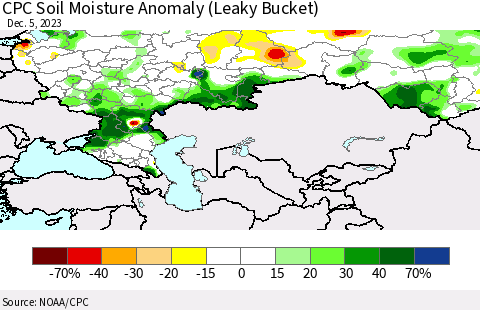 Russian Federation CPC Soil Moisture Anomaly (Leaky Bucket) Thematic Map For 12/1/2023 - 12/5/2023