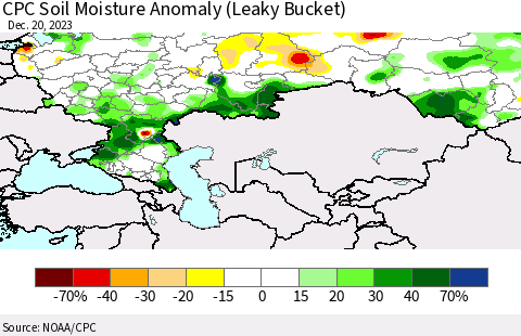 Russian Federation CPC Soil Moisture Anomaly (Leaky Bucket) Thematic Map For 12/16/2023 - 12/20/2023