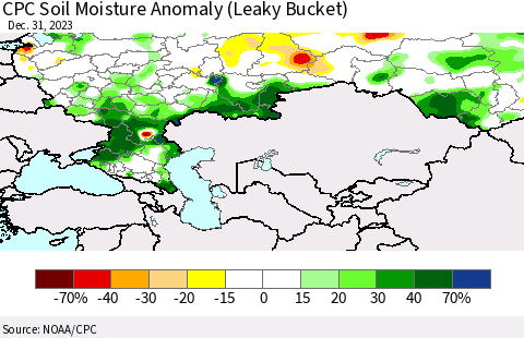 Russian Federation CPC Soil Moisture Anomaly (Leaky Bucket) Thematic Map For 12/26/2023 - 12/31/2023
