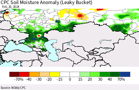 Russian Federation CPC Soil Moisture Anomaly (Leaky Bucket) Thematic Map For 2/16/2024 - 2/20/2024
