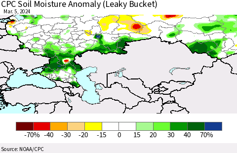 Russian Federation CPC Soil Moisture Anomaly (Leaky Bucket) Thematic Map For 3/1/2024 - 3/5/2024