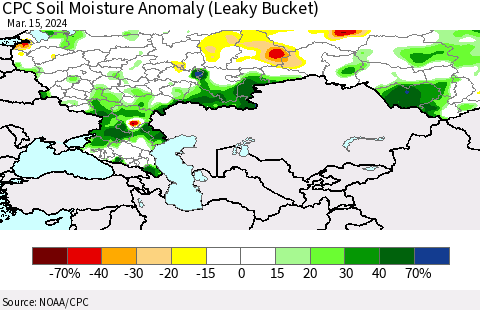 Russian Federation CPC Soil Moisture Anomaly (Leaky Bucket) Thematic Map For 3/11/2024 - 3/15/2024