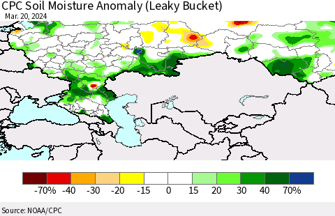 Russian Federation CPC Soil Moisture Anomaly (Leaky Bucket) Thematic Map For 3/16/2024 - 3/20/2024
