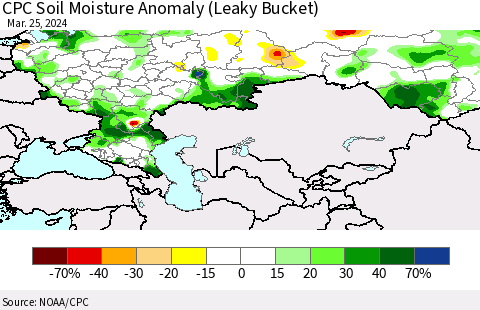 Russian Federation CPC Soil Moisture Anomaly (Leaky Bucket) Thematic Map For 3/21/2024 - 3/25/2024