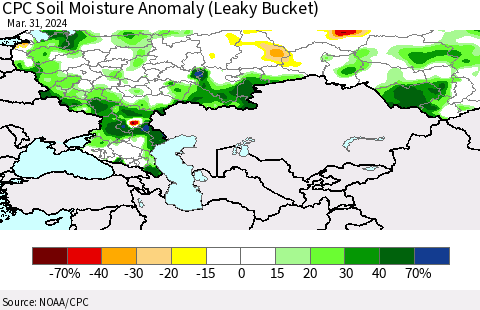Russian Federation CPC Soil Moisture Anomaly (Leaky Bucket) Thematic Map For 3/26/2024 - 3/31/2024