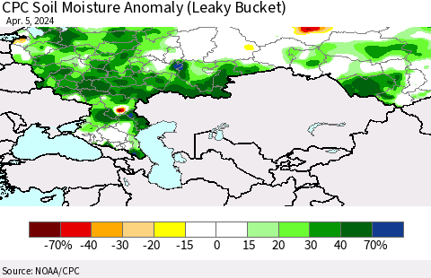 Russian Federation CPC Soil Moisture Anomaly (Leaky Bucket) Thematic Map For 4/1/2024 - 4/5/2024