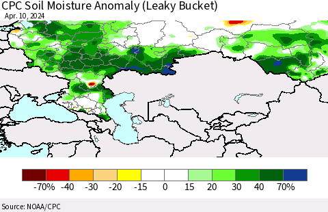 Russian Federation CPC Soil Moisture Anomaly (Leaky Bucket) Thematic Map For 4/6/2024 - 4/10/2024