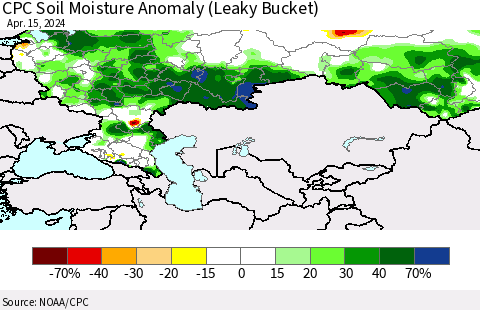Russian Federation CPC Soil Moisture Anomaly (Leaky Bucket) Thematic Map For 4/11/2024 - 4/15/2024