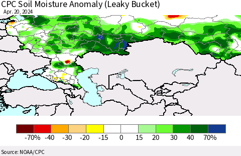 Russian Federation CPC Soil Moisture Anomaly (Leaky Bucket) Thematic Map For 4/16/2024 - 4/20/2024