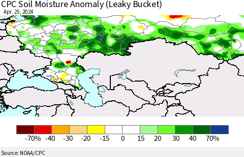 Russian Federation CPC Soil Moisture Anomaly (Leaky Bucket) Thematic Map For 4/21/2024 - 4/25/2024
