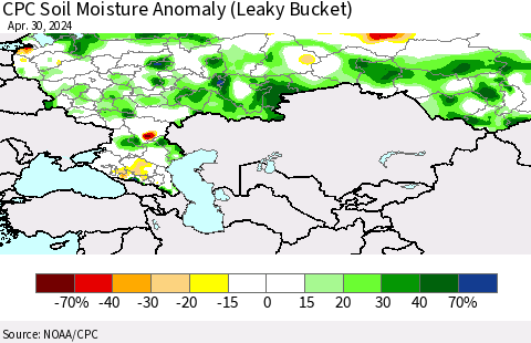 Russian Federation CPC Soil Moisture Anomaly (Leaky Bucket) Thematic Map For 4/26/2024 - 4/30/2024