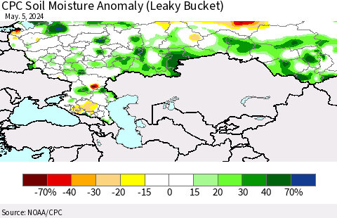 Russian Federation CPC Soil Moisture Anomaly (Leaky Bucket) Thematic Map For 5/1/2024 - 5/5/2024