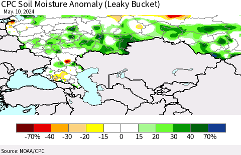 Russian Federation CPC Soil Moisture Anomaly (Leaky Bucket) Thematic Map For 5/6/2024 - 5/10/2024