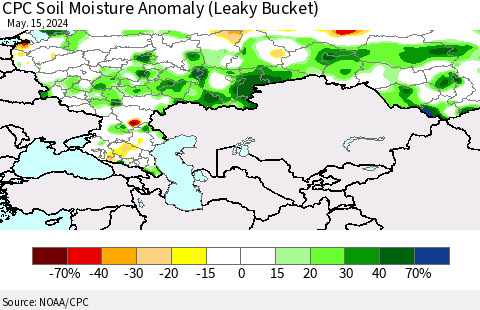 Russian Federation CPC Soil Moisture Anomaly (Leaky Bucket) Thematic Map For 5/11/2024 - 5/15/2024
